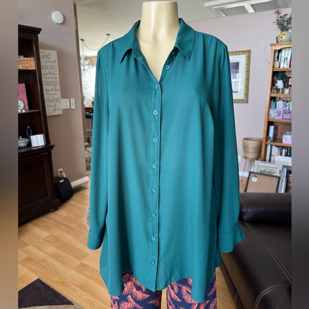 Lane Bryant green long sleeve button up the front blouse-size 14/16